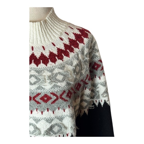 J Jill Sweater Women Medium Petite Black‎ Ivory Fair Isle Nordic Knit Mock Neck - Picture 5 of 12